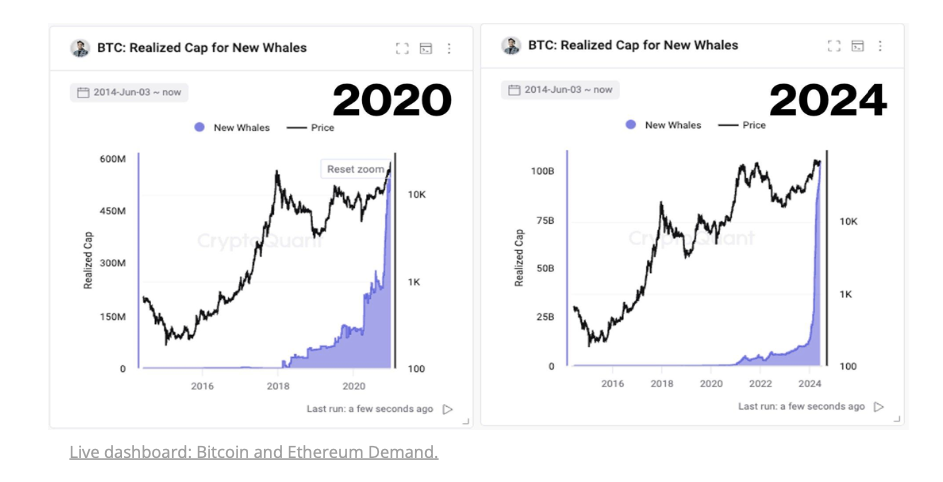 مقایسه قیمت تحقق یافته نهنگ های جدید در سال 2024 و 2020 - منبع: CryptoQuant