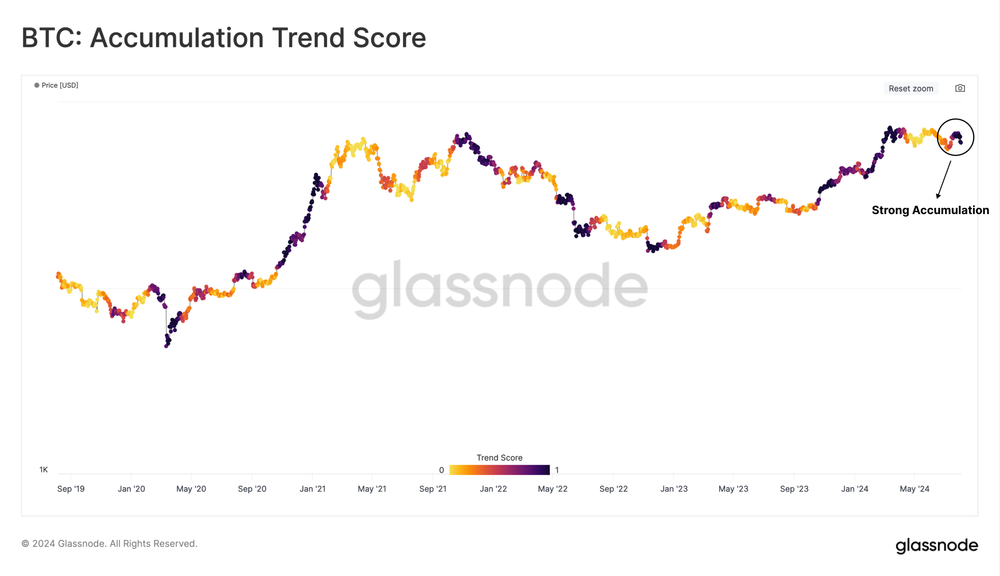 شاخص امتیاز روند انباشت بیت کوین - منبع: Glassnode