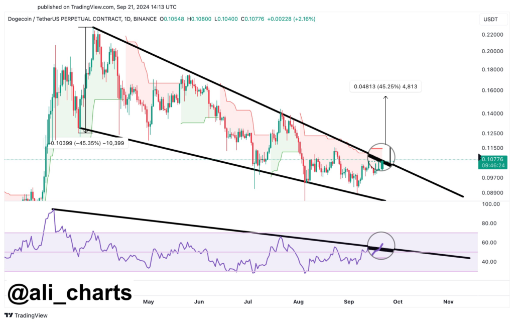 نمودار قیمت Dogecoin (DOGE) و شاخص RSI - منبع: حساب علی مارتینز در X