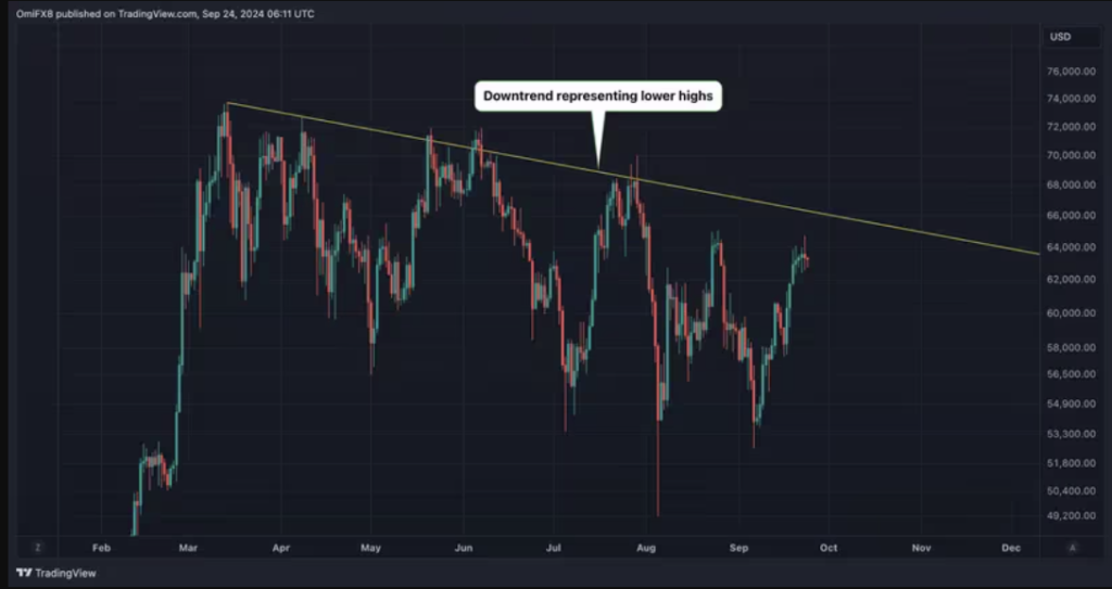 نمودار قیمت بیت کوین روند نزولی را از ماه مارس نشان می دهد - منبع: TradingView