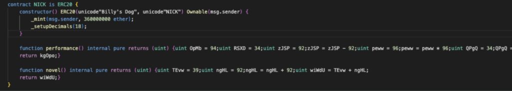 بخشی از کد قرارداد هوشمند توکن NICK - منبع: Roffett.eth