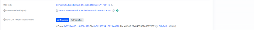 سرقت توکن های NICK از حساب کاربری - منبع: Basescan