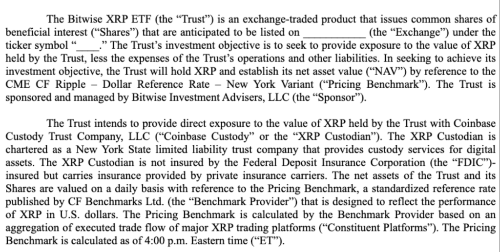 بخشی از فرم درخواست راه اندازی ETF Bitwise - منبع: SEC