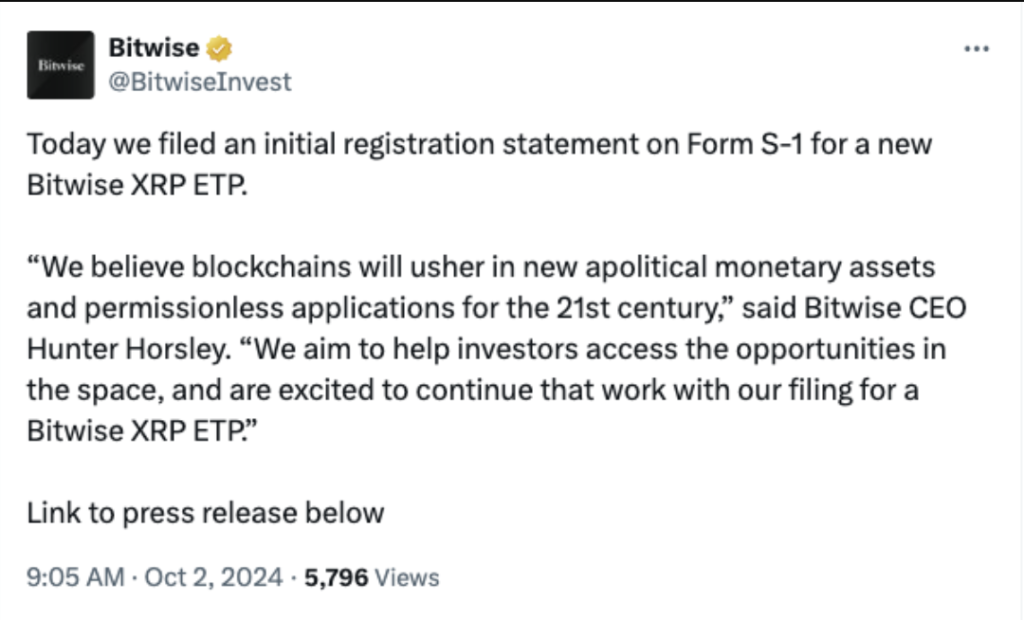 اعلام درخواست راه اندازی Ripple ETF - منبع: حساب Bitwise در پلتفرم X