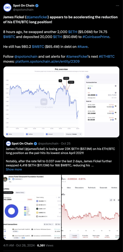 اطلاعات پلتفرم Spot On Chain درباره فعالیت اخیر جیمز فیکل - منبع: پلتفرم X