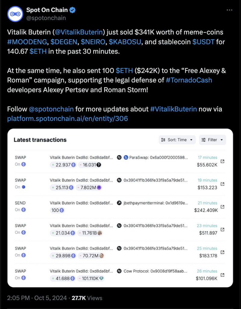 داده های پلتفرم Spotonchain در مورد فروش گسترده Vitalik Buterin - منبع: Platform X