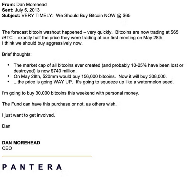 ایمیل مورهد برای متقاعد کردن سایر سرمایه گذاران برای خرید بیت کوین در سال 2013 - منبع: Pantera Capital