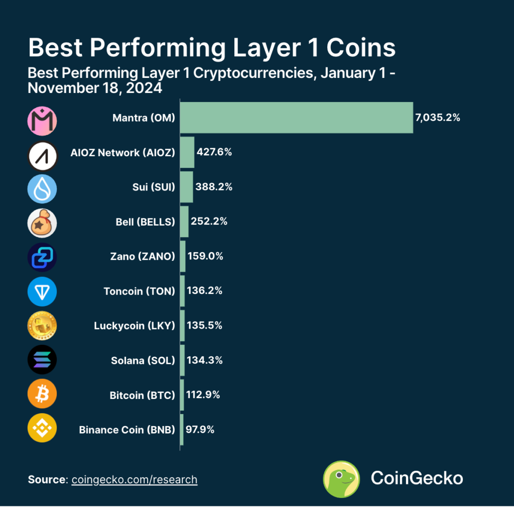 بهترین ارزهای ردیف 1 در سال 2024 بر اساس درصد رشد - منبع: CoinGecko