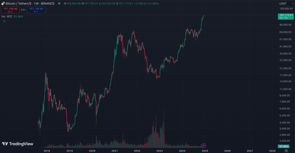 نمودار قیمت بیت کوین لگاریتمی - منبع: TradingView