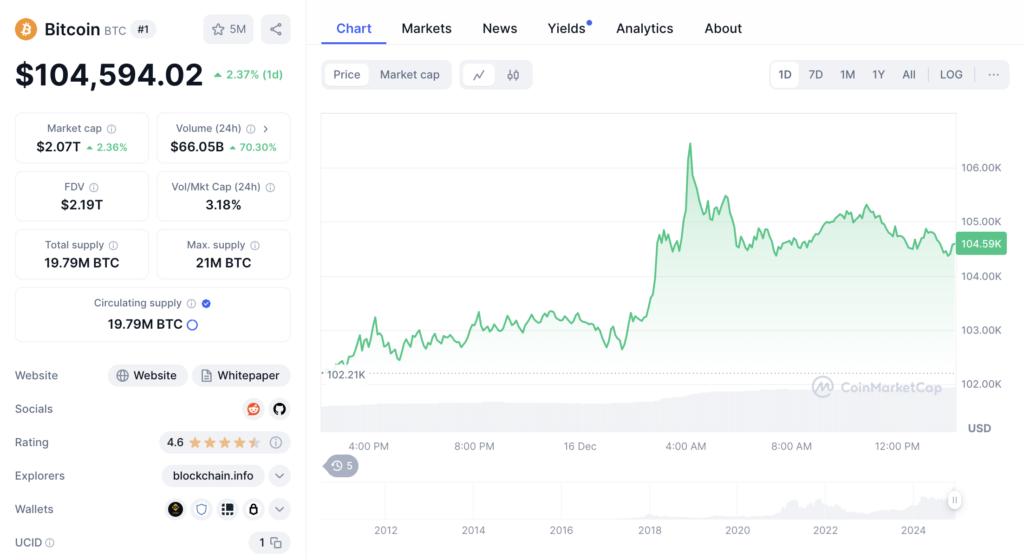 نمودار قیمت بیت کوین و اطلاعات بازار - منبع: CoinMarketCap